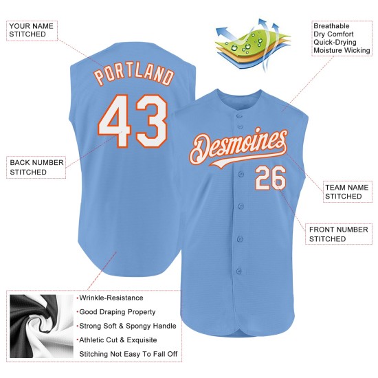Maglia da baseball leggera personalizzata autentica bianca-arancione blu senza maniche Maglia da baseball leggera personalizzata autentica bianca-arancione blu senza maniche