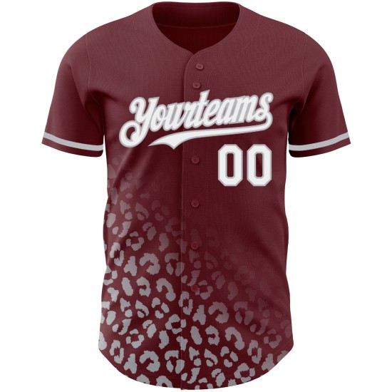 Maglia da baseball con stampa leopardata sbiadita personalizzata, modello 3D bordeaux autentico, bianco-grigio Maglia da baseball con stampa leopardata sbiadita personalizzata, modello 3D bordeaux autentico, bianco-grigio