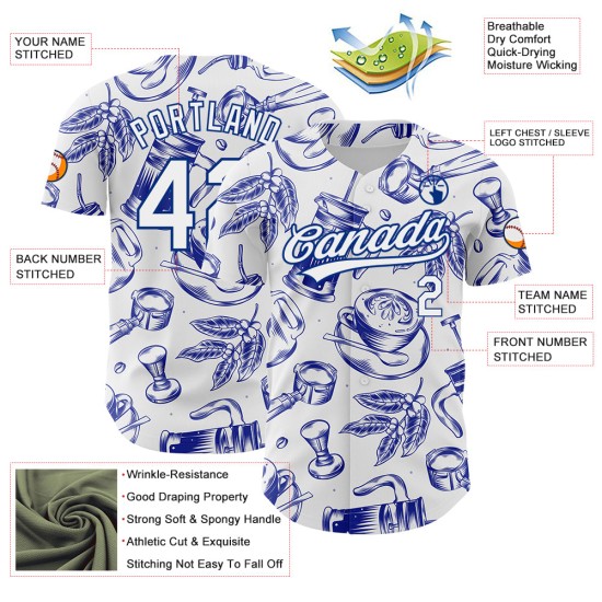 Maglia da baseball Day Royal International bianca con motivo autentico color caffè, design personalizzato 3D Maglia da baseball Day Royal International bianca con motivo autentico color caffè, design personalizzato 3D