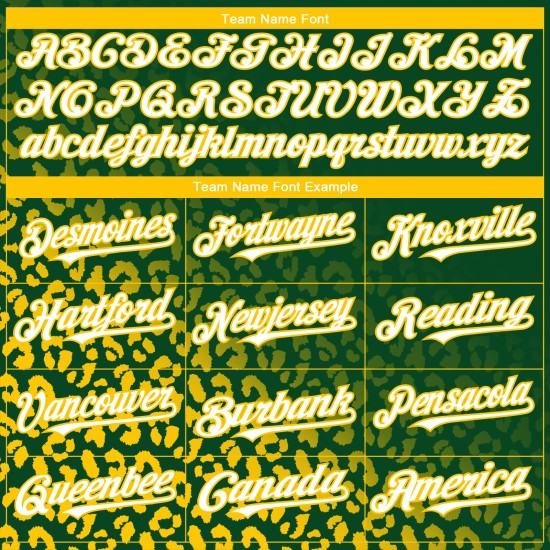 Maglia da baseball Kelly con stampa personalizzata leopardata, modello 3D verde, design bianco-giallo Maglia da baseball Kelly con stampa personalizzata leopardata, modello 3D verde, design bianco-giallo