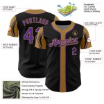 Maglia da baseball con maniche personalizzate, autentica, nera e viola, con 3 colori, modello Gold Shapes Maglia da baseball con maniche personalizzate, autentica, nera e viola, con 3 colori, modello Gold Shapes