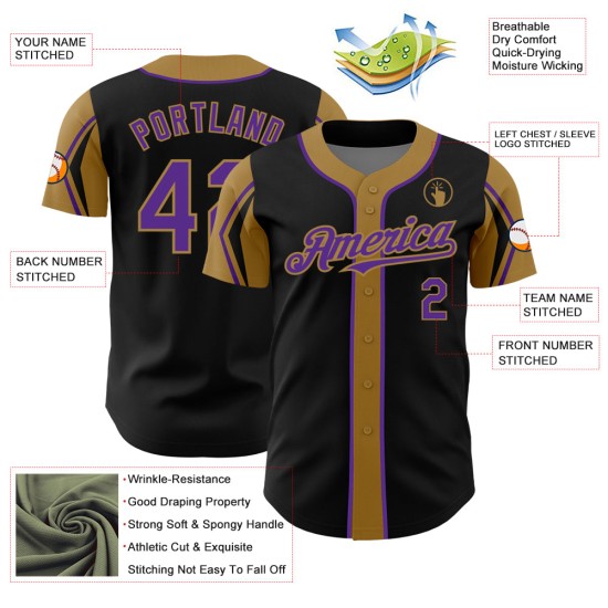 Maglia da baseball con maniche personalizzate, autentica, nera e viola, con 3 colori, modello Gold Shapes Maglia da baseball con maniche personalizzate, autentica, nera e viola, con 3 colori, modello Gold Shapes