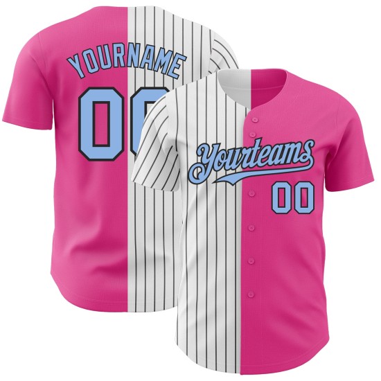 Maglia da baseball a righe rosa personalizzata, autentica, azzurra e nera Maglia da baseball a righe rosa personalizzata, autentica, azzurra e nera