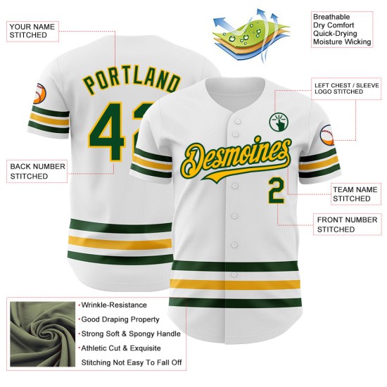 Maglia da baseball autentica personalizzata verde-oro con linea bianca Maglia da baseball autentica personalizzata verde-oro con linea bianca