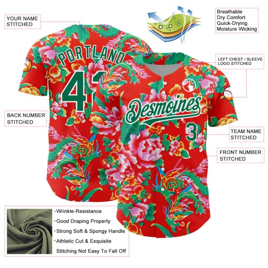 Maglia da baseball Kelly Northeast con motivo autentica, rossa, 3D, verde e bianco, personalizzata con fiori cinesi Maglia da baseball Kelly Northeast con motivo autentica, rossa, 3D, verde e bianco, personalizzata con fiori cinesi