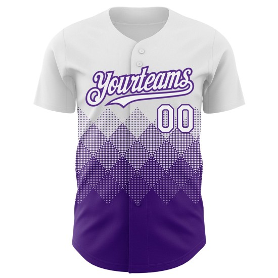 Maglia da baseball 3D autentica con motivo a gradiente personalizzato bianco, viola, quadrata Maglia da baseball 3D autentica con motivo a gradiente personalizzato bianco, viola, quadrata
