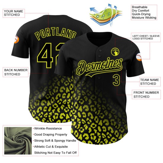 Maglia da baseball gialla con motivo leopardato, stampa 3D personalizzata, design autentico, sfumatura nera neon Maglia da baseball gialla con motivo leopardato, stampa 3D personalizzata, design autentico, sfumatura nera neon