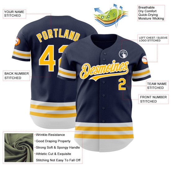 Maglia da baseball personalizzata oro-bianca, blu navy, autentica Maglia da baseball personalizzata oro-bianca, blu navy, autentica