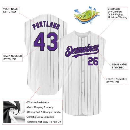 Maglia da baseball personalizzata autentica a righe viola nera bianca senza maniche Maglia da baseball personalizzata autentica a righe viola nera bianca senza maniche