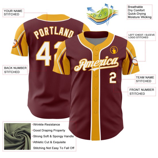 Maglia da baseball Shapes Colors Autentica Personalizzata Borgogna Braccio 3 Bianco-Oro Maglia da baseball Shapes Colors Autentica Personalizzata Borgogna Braccio 3 Bianco-Oro