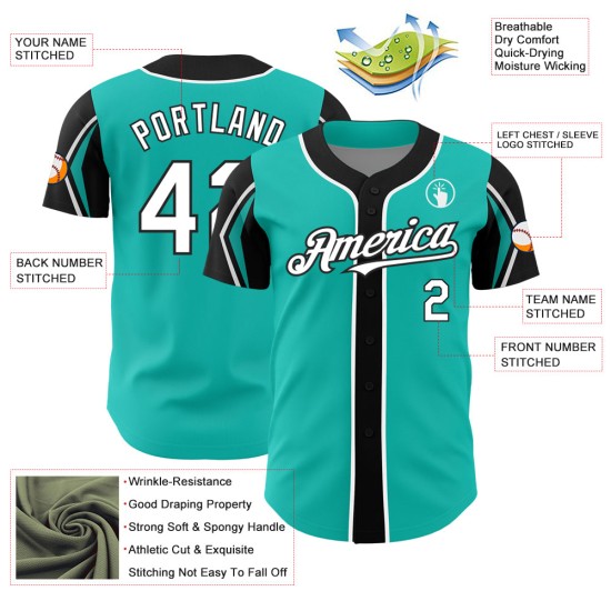 Maglia da baseball Forme 3 colori autentica bianca e nera con braccio Aqua personalizzata Maglia da baseball Forme 3 colori autentica bianca e nera con braccio Aqua personalizzata