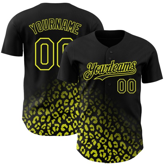 Maglia da baseball gialla con motivo leopardato, stampa 3D personalizzata, design autentico, sfumatura nera neon Maglia da baseball gialla con motivo leopardato, stampa 3D personalizzata, design autentico, sfumatura nera neon