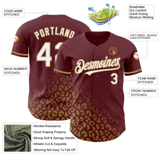 Maglia da baseball personalizzata con stampa 3D sbiadita, motivo leopardato oro autentico, design bordeaux, bianco-vecchio Maglia da baseball personalizzata con stampa 3D sbiadita, motivo leopardato oro autentico, design bordeaux, bianco-vecchio