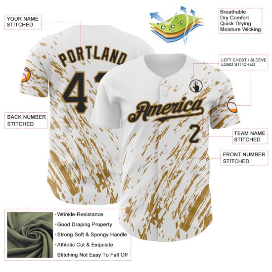 Maglia da baseball astratta con design autentico 3D bianco e nero, modello personalizzato, con schizzi d'oro Maglia da baseball astratta con design autentico 3D bianco e nero, modello personalizzato, con schizzi d'oro