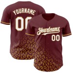 Maglia da baseball personalizzata con stampa 3D sbiadita, motivo leopardato oro autentico, design bordeaux, bianco-vecchio Maglia da baseball personalizzata con stampa 3D sbiadita, motivo leopardato oro autentico, design bordeaux, bianco-vecchio