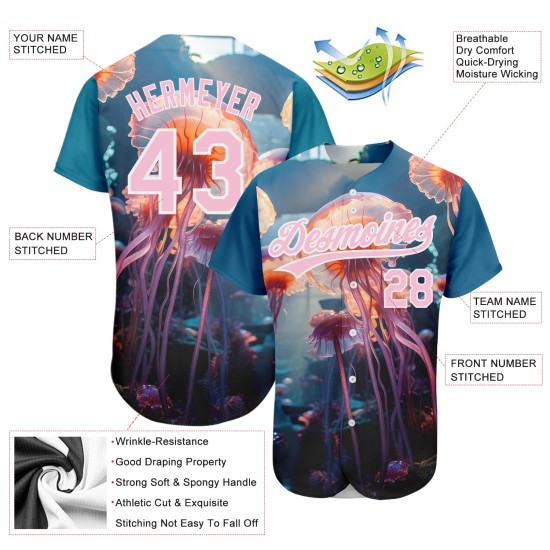 Maglia da baseball rosa-bianca con motivo a meduse galleggianti, 3D, motivo Oceano, autentico e personalizzato Maglia da baseball rosa-bianca con motivo a meduse galleggianti, 3D, motivo Oceano, autentico e personalizzato