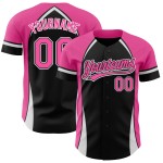 Maglia da baseball curva rosa-bianca con motivo personalizzato autentico 3D nero solido Maglia da baseball curva rosa-bianca con motivo personalizzato autentico 3D nero solido