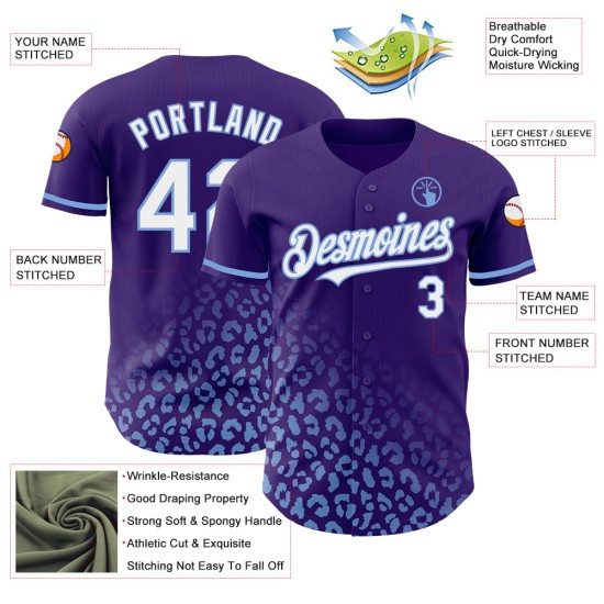 Maglia da baseball blu autentica, personalizzata, con stampa leopardata 3D viola, bianca e chiara. Maglia da baseball blu autentica, personalizzata, con stampa leopardata 3D viola, bianca e chiara.