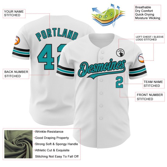 Maglia da baseball personalizzata bianca autentica verde acqua e nera Maglia da baseball personalizzata bianca autentica verde acqua e nera