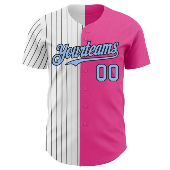 Maglia da baseball a righe rosa personalizzata, autentica, azzurra e nera Maglia da baseball a righe rosa personalizzata, autentica, azzurra e nera