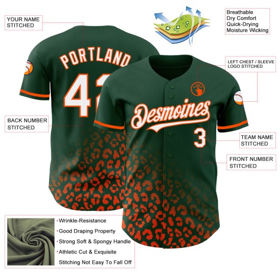 Maglia da baseball con stampa 3D personalizzata leopardata, motivo verde, bianco e arancione, con design sbiadito autentico Maglia da baseball con stampa 3D personalizzata leopardata, motivo verde, bianco e arancione, con design sbiadito autentico