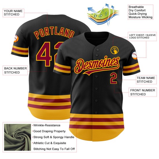 Maglia da baseball autentica personalizzata con linea nera, marrone-oro Maglia da baseball autentica personalizzata con linea nera, marrone-oro