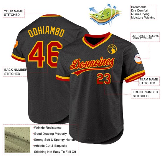 Maglia da baseball personalizzata retrò autentica, rossa e oro, nera Maglia da baseball personalizzata retrò autentica, rossa e oro, nera