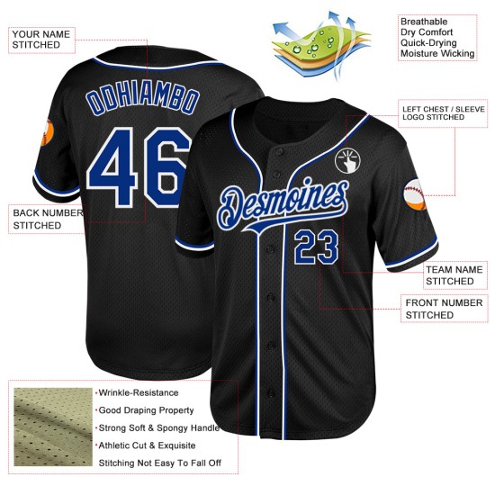 Maglia da baseball personalizzata autentica in mesh nera, stile retrò, colore bianco-reale Maglia da baseball personalizzata autentica in mesh nera, stile retrò, colore bianco-reale