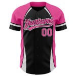 Maglia da baseball curva rosa-bianca con motivo personalizzato autentico 3D nero solido Maglia da baseball curva rosa-bianca con motivo personalizzato autentico 3D nero solido