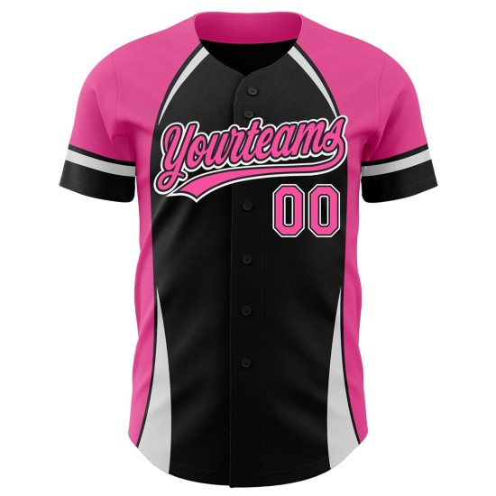 Maglia da baseball curva rosa-bianca con motivo personalizzato autentico 3D nero solido Maglia da baseball curva rosa-bianca con motivo personalizzato autentico 3D nero solido