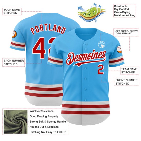 Maglia da baseball autentica personalizzata Sky, linea blu rossa e bianca Maglia da baseball autentica personalizzata Sky, linea blu rossa e bianca
