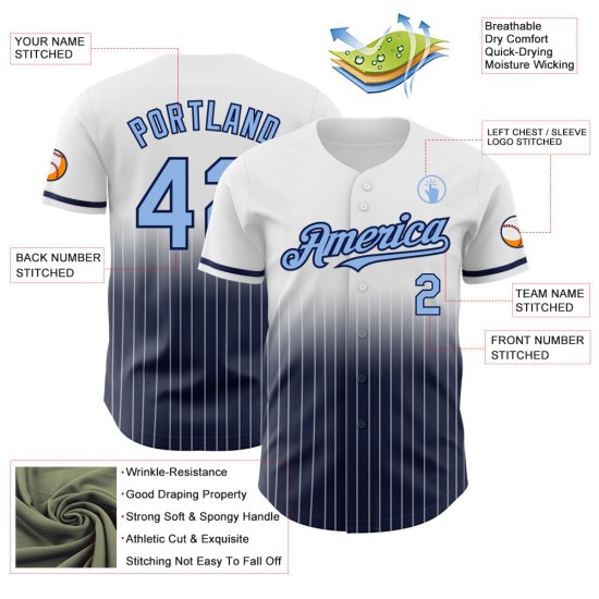 Maglia a righe blu navy, alla moda, leggera, autentica, sbiadita, personalizzata, bianca, da baseball Maglia a righe blu navy, alla moda, leggera, autentica, sbiadita, personalizzata, bianca, da baseball