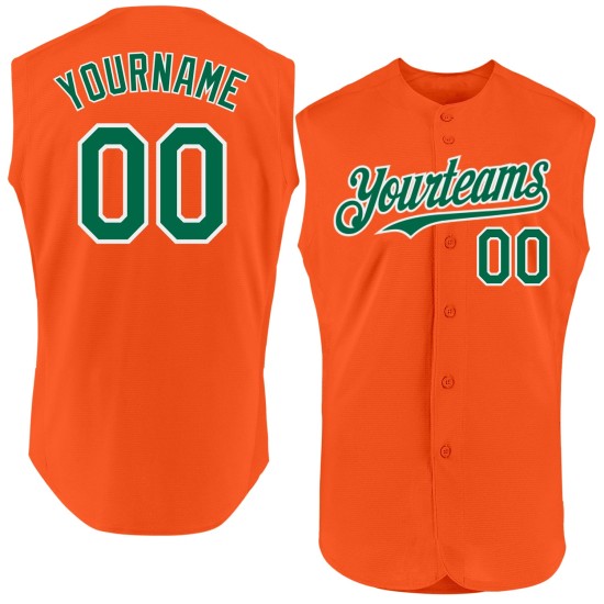 Maglia da baseball Kelly arancione autentica, verde-bianca, personalizzata, senza maniche Maglia da baseball Kelly arancione autentica, verde-bianca, personalizzata, senza maniche