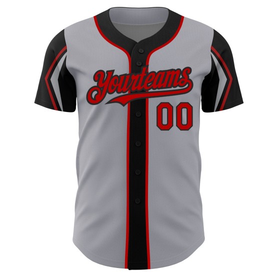 Maglia da baseball con 3 colori personalizzati, forme autentiche del braccio, colore rosso-nero Maglia da baseball con 3 colori personalizzati, forme autentiche del braccio, colore rosso-nero