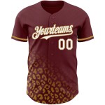 Maglia da baseball personalizzata con stampa 3D sbiadita, motivo leopardato oro autentico, design bordeaux, bianco-vecchio Maglia da baseball personalizzata con stampa 3D sbiadita, motivo leopardato oro autentico, design bordeaux, bianco-vecchio
