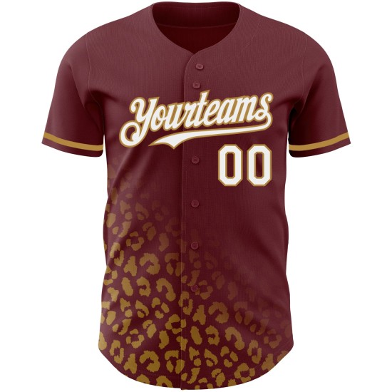 Maglia da baseball personalizzata con stampa 3D sbiadita, motivo leopardato oro autentico, design bordeaux, bianco-vecchio Maglia da baseball personalizzata con stampa 3D sbiadita, motivo leopardato oro autentico, design bordeaux, bianco-vecchio