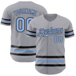 Maglia da baseball grigia personalizzata, linea autentica, blu chiaro-nera Maglia da baseball grigia personalizzata, linea autentica, blu chiaro-nera