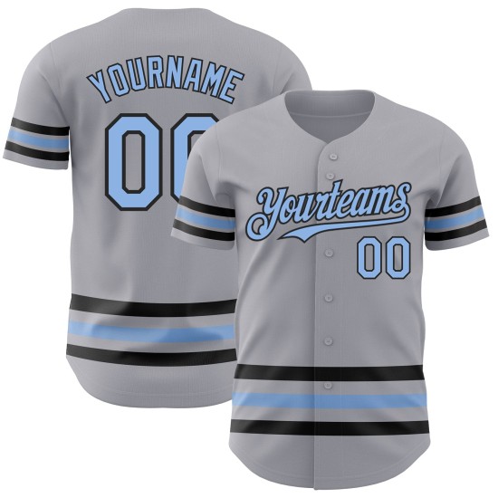 Maglia da baseball grigia personalizzata, linea autentica, blu chiaro-nera Maglia da baseball grigia personalizzata, linea autentica, blu chiaro-nera