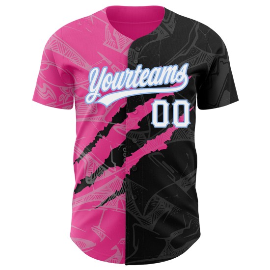 Maglia da baseball personalizzata con motivo graffiti 3D blu, nera, autentica, rosa chiaro Maglia da baseball personalizzata con motivo graffiti 3D blu, nera, autentica, rosa chiaro