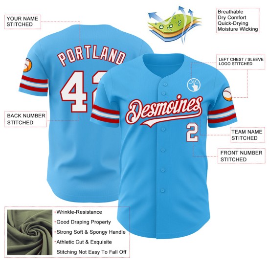 Maglia da baseball autentica personalizzata, blu cielo, bianca e rossa Maglia da baseball autentica personalizzata, blu cielo, bianca e rossa