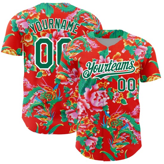 Maglia da baseball Kelly Northeast con motivo autentica, rossa, 3D, verde e bianco, personalizzata con fiori cinesi Maglia da baseball Kelly Northeast con motivo autentica, rossa, 3D, verde e bianco, personalizzata con fiori cinesi