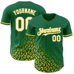 Maglia da baseball Kelly con stampa personalizzata leopardata, modello 3D verde, design bianco-giallo Maglia da baseball Kelly con stampa personalizzata leopardata, modello 3D verde, design bianco-giallo