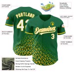 Maglia da baseball Kelly con stampa personalizzata leopardata, modello 3D verde, design bianco-giallo Maglia da baseball Kelly con stampa personalizzata leopardata, modello 3D verde, design bianco-giallo