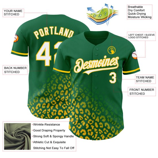 Maglia da baseball Kelly con stampa personalizzata leopardata, modello 3D verde, design bianco-giallo Maglia da baseball Kelly con stampa personalizzata leopardata, modello 3D verde, design bianco-giallo