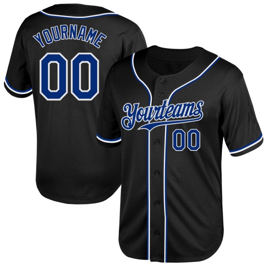 Maglia da baseball personalizzata autentica in mesh nera, stile retrò, colore bianco-reale Maglia da baseball personalizzata autentica in mesh nera, stile retrò, colore bianco-reale