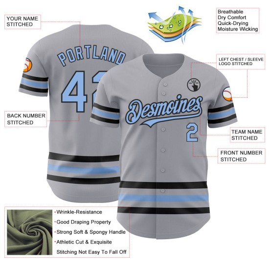 Maglia da baseball grigia personalizzata, linea autentica, blu chiaro-nera Maglia da baseball grigia personalizzata, linea autentica, blu chiaro-nera