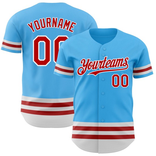 Maglia da baseball autentica personalizzata Sky, linea blu rossa e bianca Maglia da baseball autentica personalizzata Sky, linea blu rossa e bianca