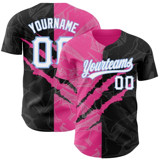 Maglia da baseball personalizzata con motivo graffiti 3D blu, nera, autentica, rosa chiaro Maglia da baseball personalizzata con motivo graffiti 3D blu, nera, autentica, rosa chiaro