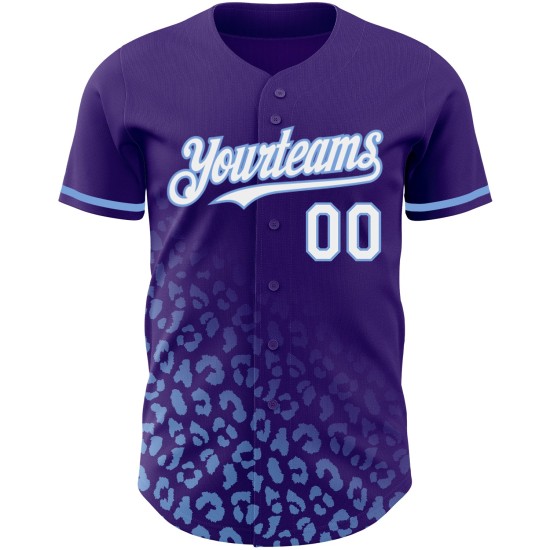 Maglia da baseball blu autentica, personalizzata, con stampa leopardata 3D viola, bianca e chiara. Maglia da baseball blu autentica, personalizzata, con stampa leopardata 3D viola, bianca e chiara.