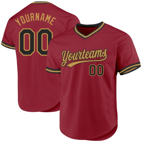 Maglia da baseball autentica nera antica personalizzata Gold Throwback Maroon Maglia da baseball autentica nera antica personalizzata Gold Throwback Maroon